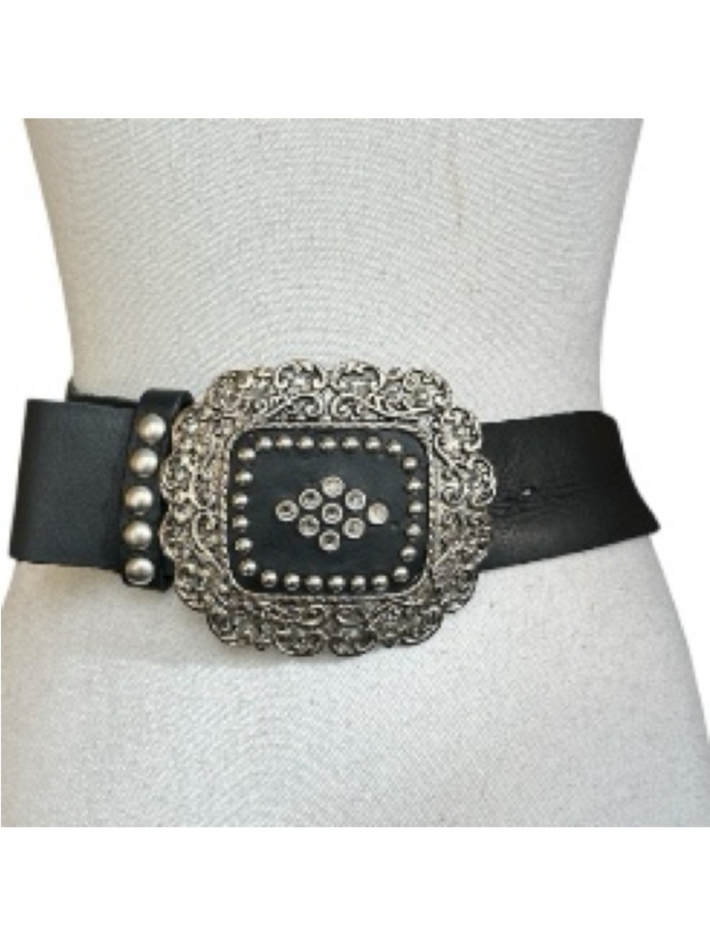 VTG Leatherock Black Leather Belt Ornate Silver-tone Buckle Stud Details XL / 1X